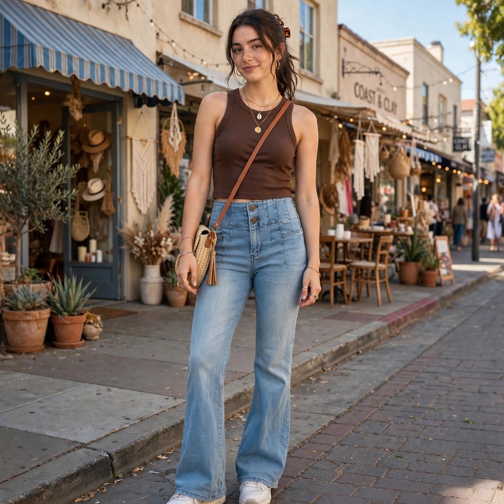 BBJ Los Angeles Women's Flare Jeans Size 7/28 High Waist Button Light Wash